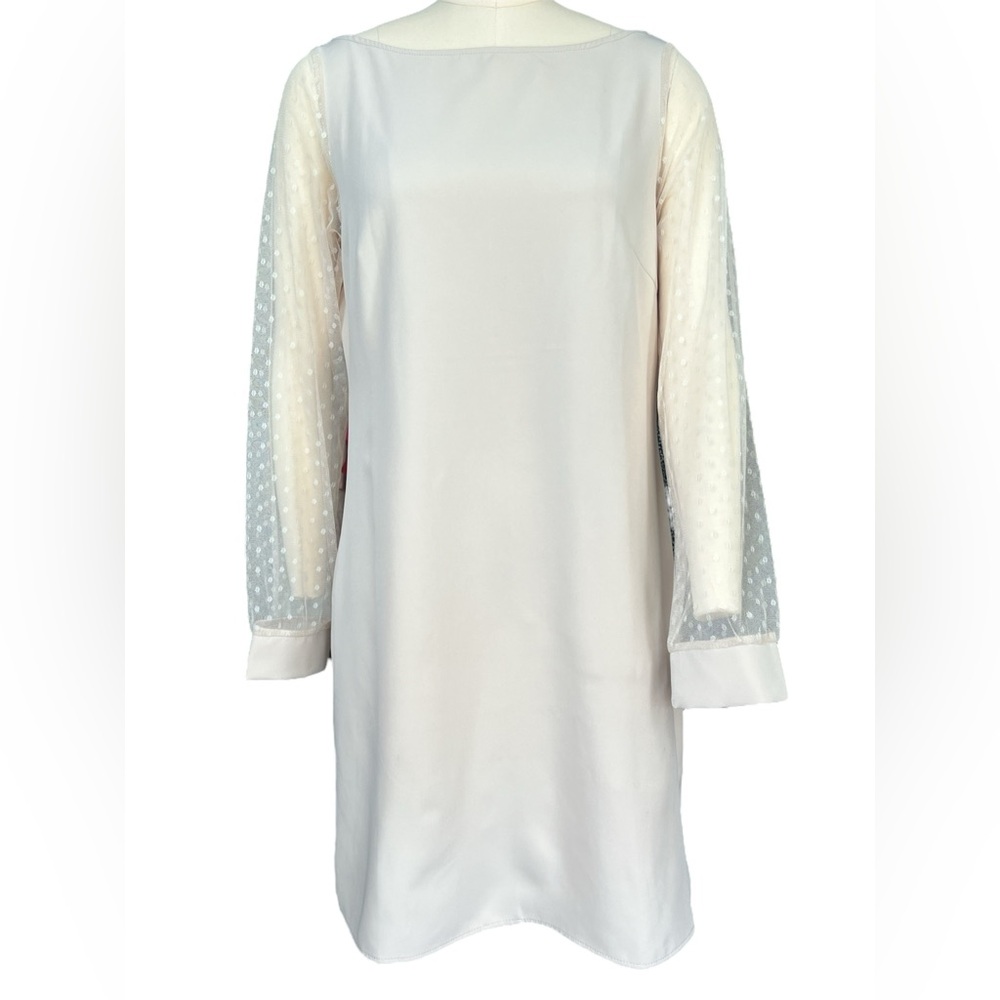 Sheilay NWT tan/ecru boat neck dress w sheer swiss dot sleeves & low V back - M